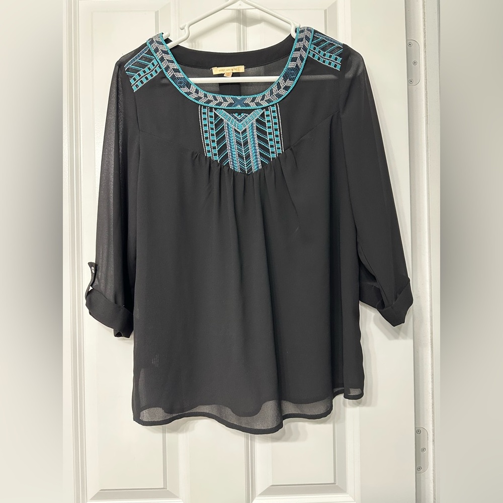 Chic Black Blouse with Blue Accents